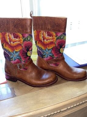Vintage Leather Needlepoint Boots Size 38 US 7–7.5Boho Floral Tapestry Mid Calf
